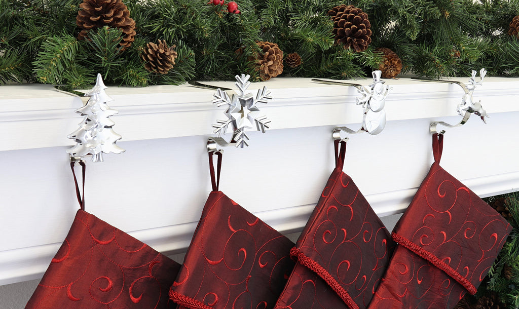 Stocking Holder - The Original MantleClip® Stocking Holder With Removable Metal Holiday Icons, 4 Pack - Assorted Silver