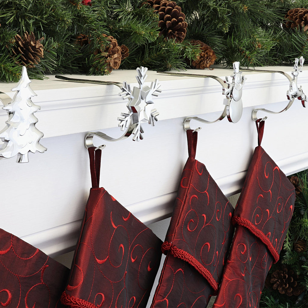Stocking Holder - The Original MantleClip® Stocking Holder With Removable Metal Holiday Icons, 4 Pack - Assorted Silver