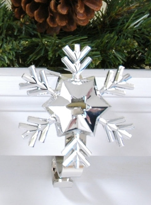 Stocking Holder - The Original MantleClip® Stocking Holder With Removable Plastic Holiday Icons, 2 Pack - Silver Snowflake
