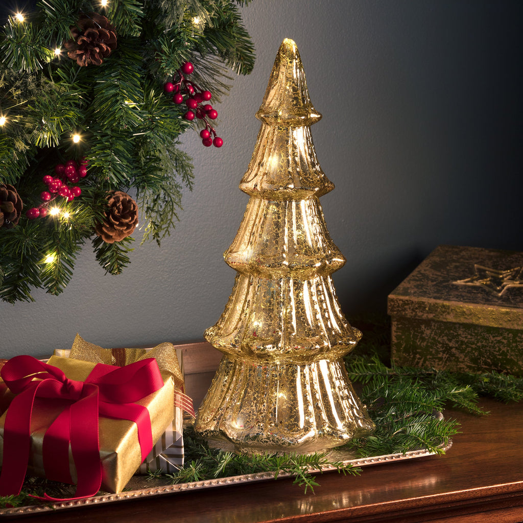 Tabletop Decor - 14 Inch Lighted Mercury Glass Christmas Tree