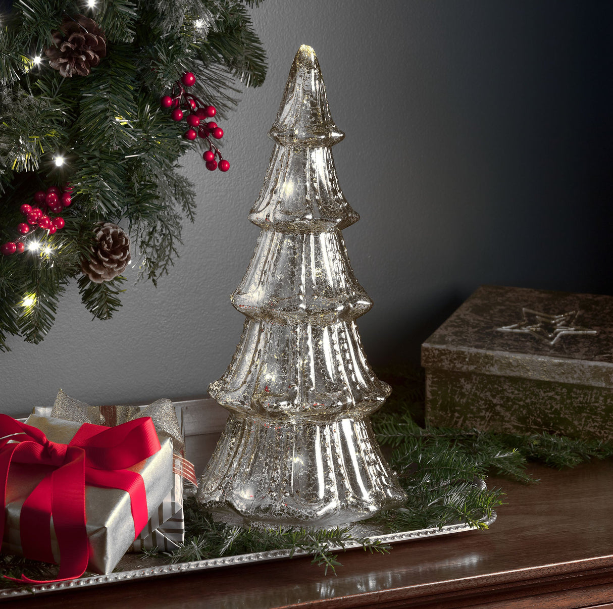 Tabletop Decor - 14 Inch Lighted Mercury Glass Christmas Tree