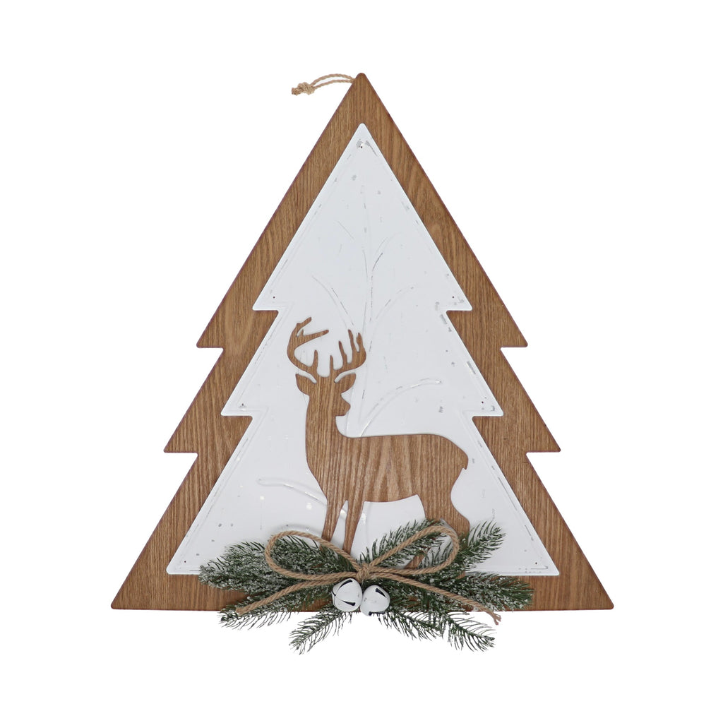 Wall Decor - Christmas Wood And Metal Wall Tree With Reindeer Hanging Sign
