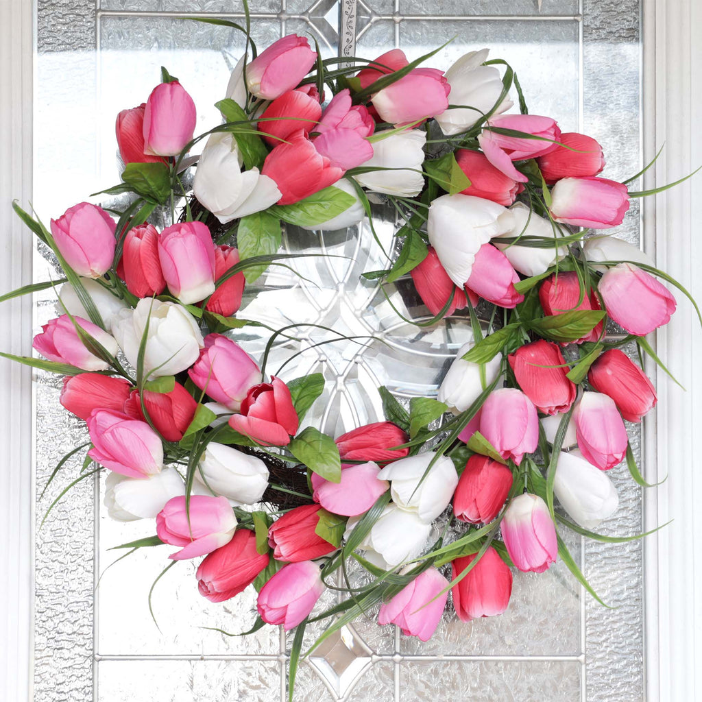 Wreath - 22 Inch Tulip Wreath, Mixed Colors With Grapevine Base
