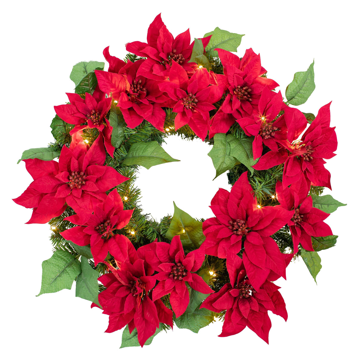 Wreath - 24 Inch Christmas Poinsettia Pre-Lit Wreath