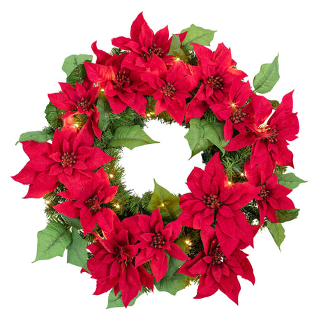 Wreath - 24 Inch Christmas Poinsettia Pre-Lit Wreath