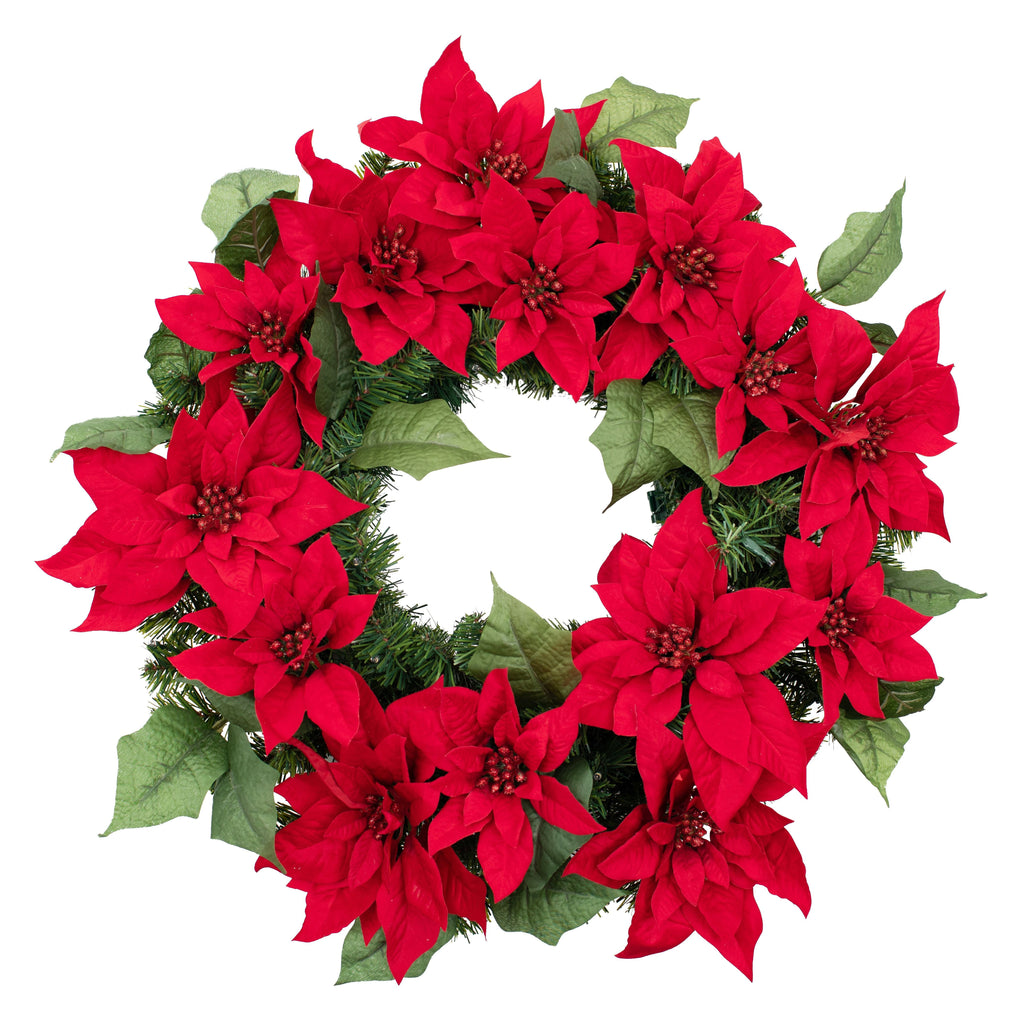 Wreath - 24 Inch Christmas Poinsettia Pre-Lit Wreath