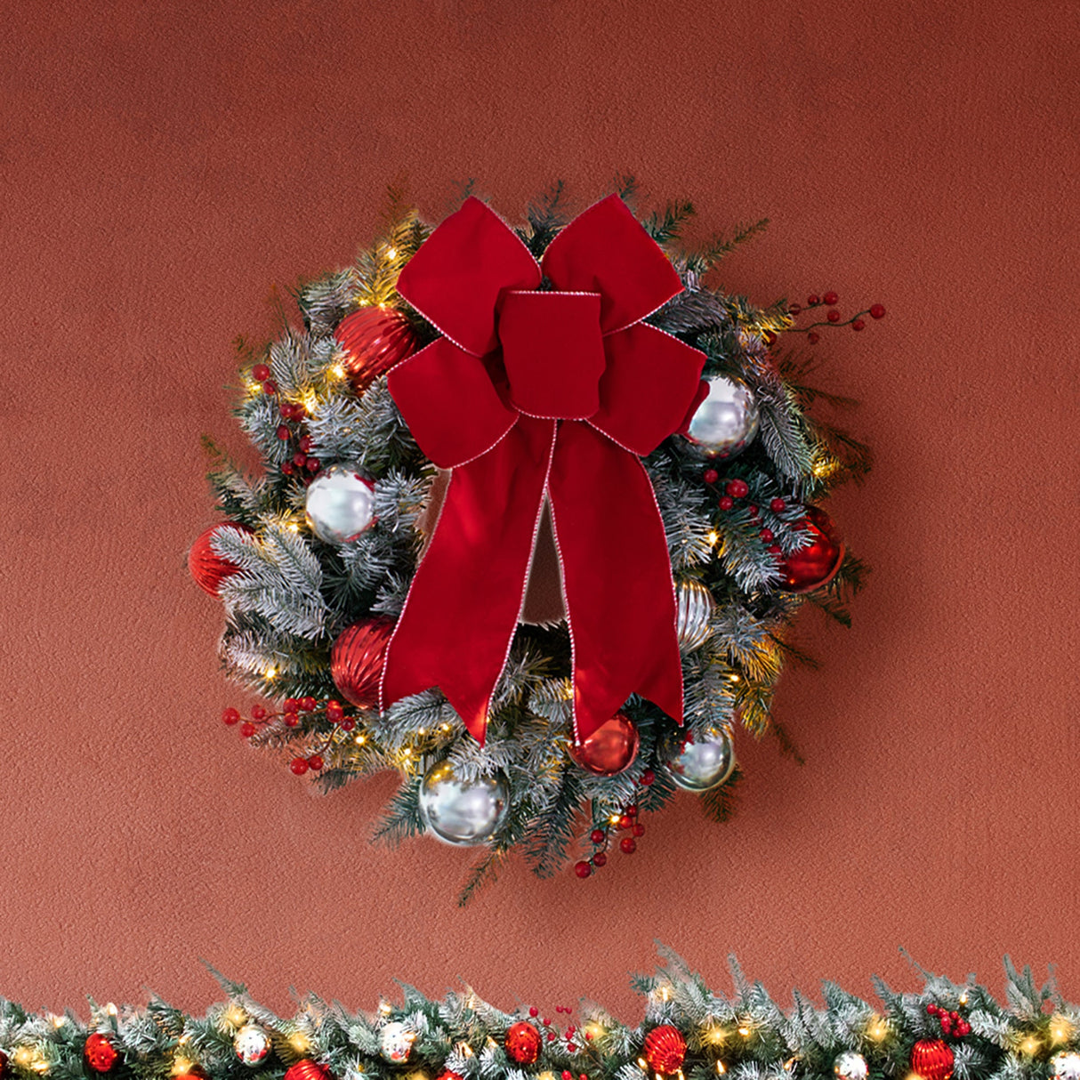 Wreath - 24 Inch Pre-lit Frosted Christmas Wreath