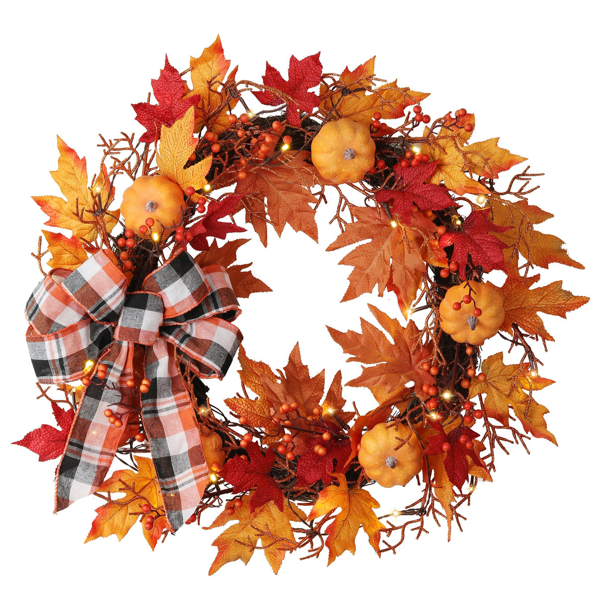 Wreath - 24 Inch Pre-lit Halloween Pumpkin Plaid