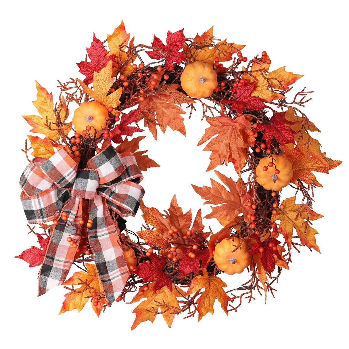 Wreath - 24 Inch Pre-lit Halloween Pumpkin Plaid