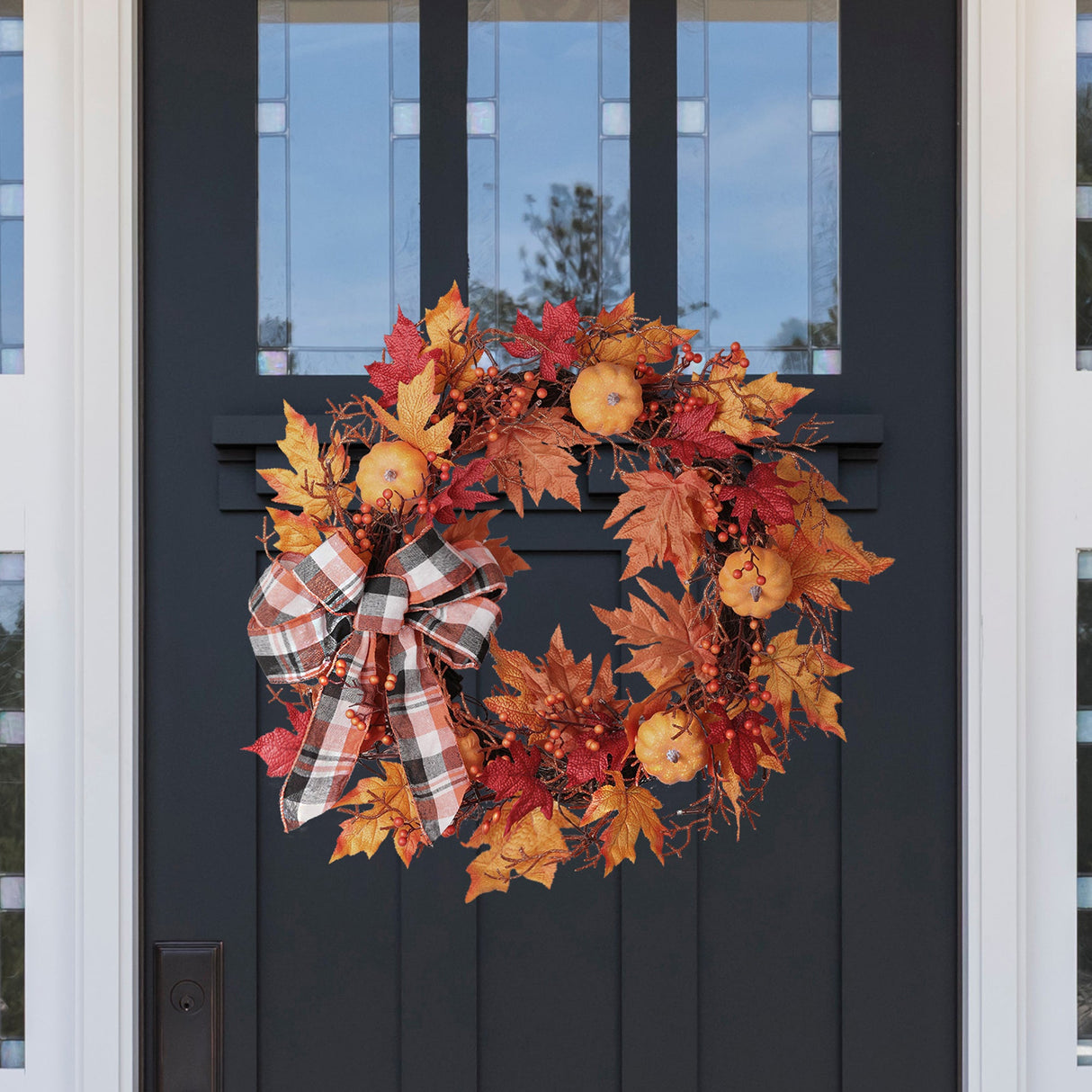 Wreath - 24 Inch Pre-lit Halloween Pumpkin Plaid