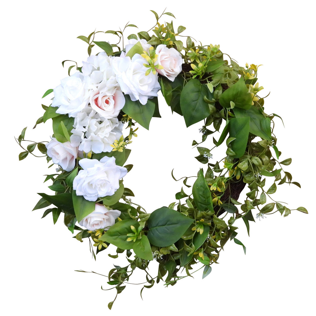 Wreath - 24 Inch Rose Hydrangea Wreath With Grapevine Base