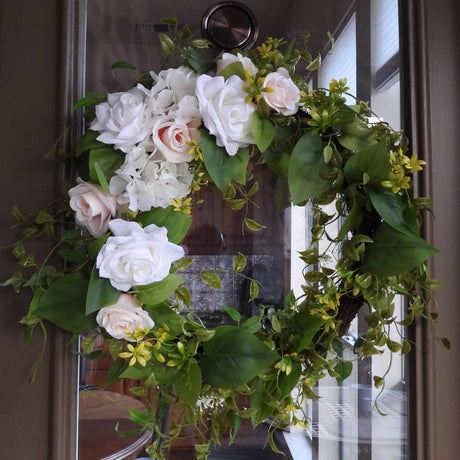 Wreath - 24 Inch Rose Hydrangea Wreath With Grapevine Base