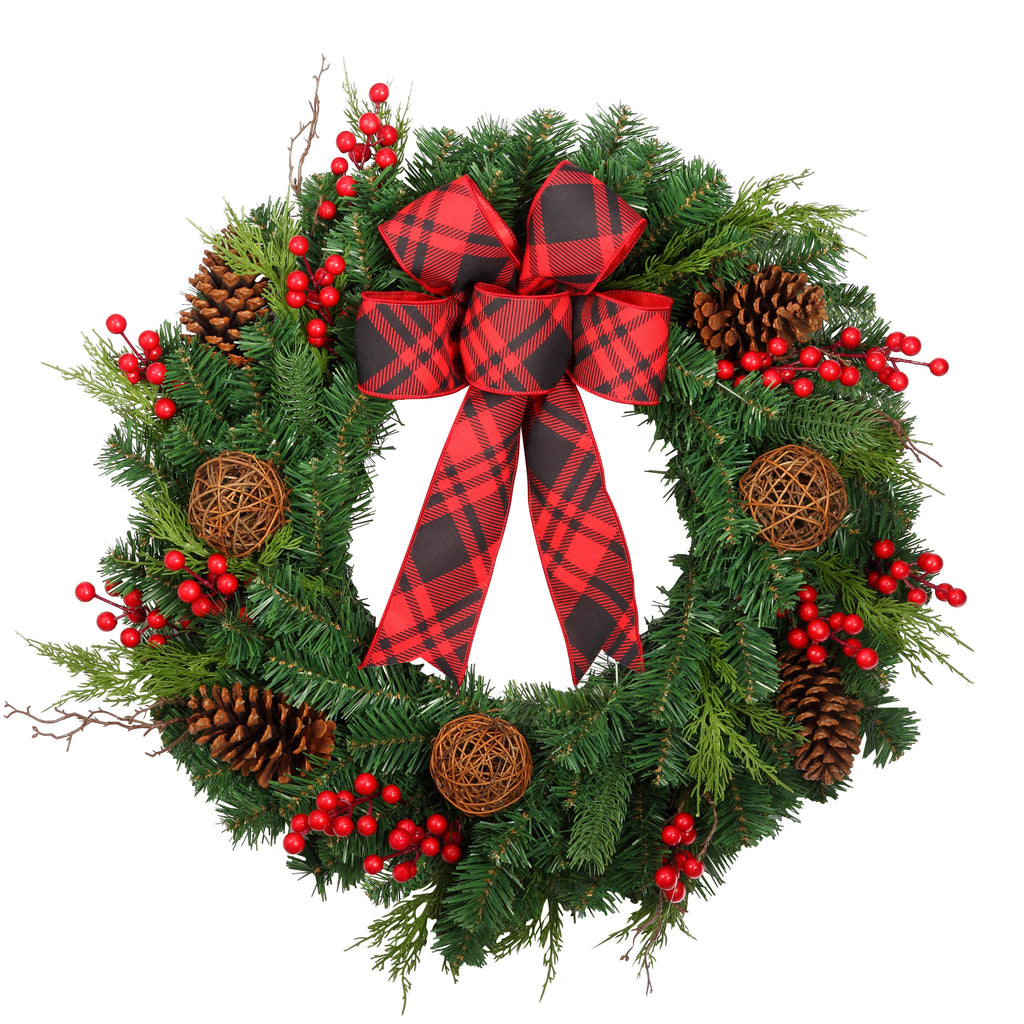 Wreath - 26 Inch Twig Baubles Wreath With Buffalo Check Ribbon And Berries