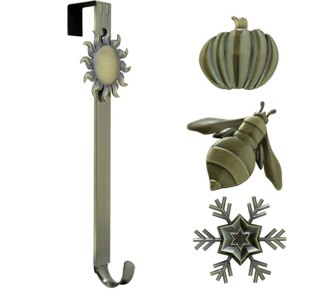 Wreath Hangers - Adapt™ Adjustable Length Wreath Hanger With 4 Interchangeable Icons - Antique Brass