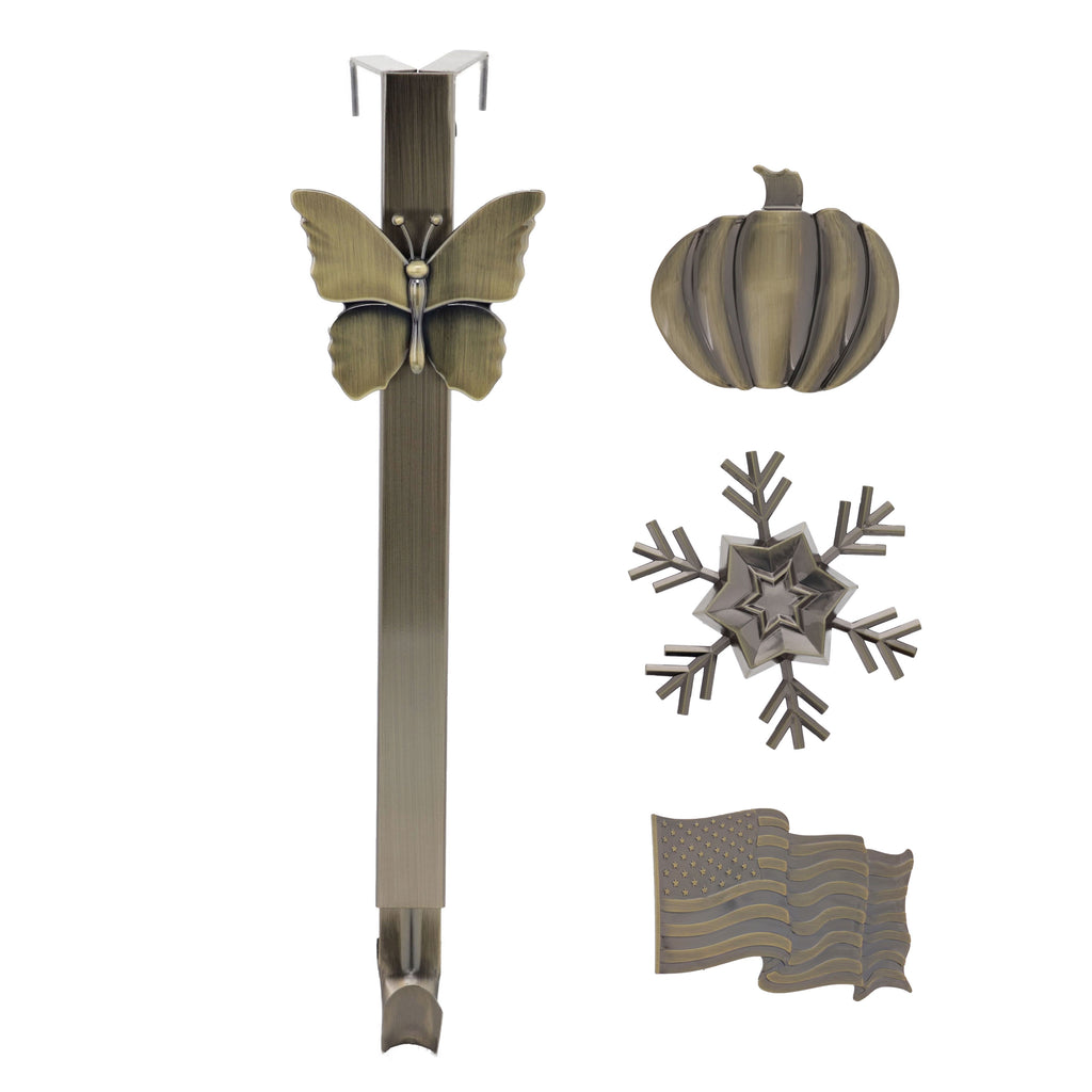 Wreath Hangers - Adapt™ Adjustable Wreath Hanger, Top & Length Adjustable With 4 Interchangeable Icons - Antique Brass